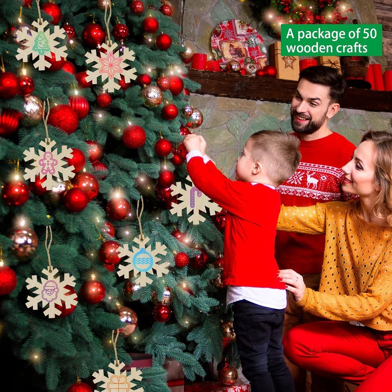 LEBERY 50Pcs DIY Wooden Christmas Ornaments Wooden Snowflakes for Crafts Unfinished Snowflakes Wood Ornaments with Hole, Predrilled Wood Snowflake Cutouts for Crafts Paints Christmas Tree Hanging Decor - Image 3